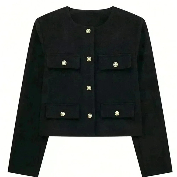 Black Elegant Women's Casual Tweed Jacket Decorated Long Sleeve Coat - Picture 8 of 8